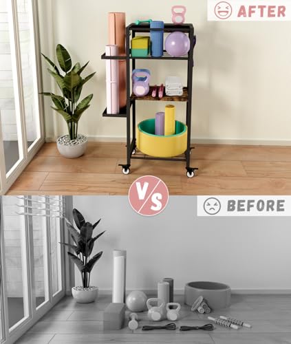 Yoga Mat Storage Rack with Wheels, 3 Tier Home Gym Workout Equipment Organizer for Dumbbells, Kettlebells, Foam Rollers - color: Black