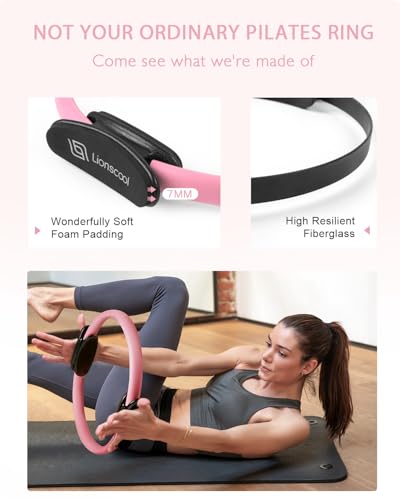 LIONSCOOL Pilates Ring Set 14" Magic Circle, 9" Mini Ball, Resistance Bands | Foam-Padded Fiberglass Pilates Ring, 400 lb Anti-Burst Ball, Latex & Fabric Bands, Socks, Guide & Bag, Pilates Equipment Kit