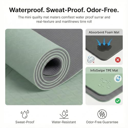 Premium TPE Yoga Mat 6mm Info Swipe – Eco-Friendly Non-Slip, Odor-Free, Lightweight & Durable | SGS Tested, REACH Compliant, GRS Certified | 72"x24" with Carrying Strap - color: Light Green