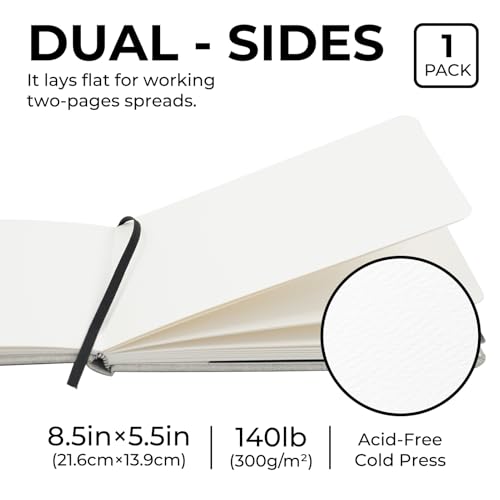 Funto Watercolor Journal, 8.5x5.5, 48 Pages, Cold-Pressed, Inner Paper Pocket and Elastic Band, Art Supplies for Mixed Media - color: 8.5x5.5-Gray