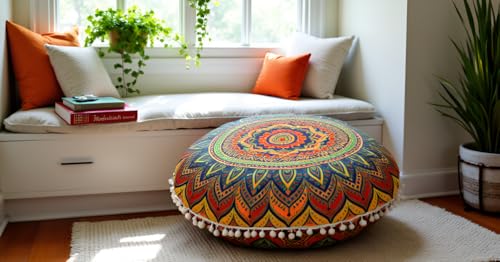 Round Mandala Floor Pillow Cover Seating Cushion Throw Cover Ottoman Pouf Cover Pom Pom Pillow Cases Hippie Decorative Bohemian Boho Indian 22 Inches (New Blue) - color: New Blue
