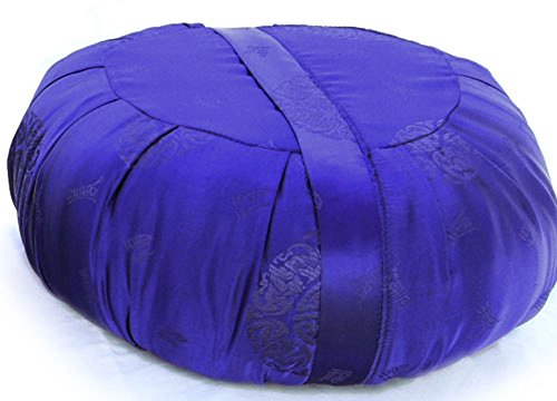 Zen Zafu Sitting or Meditation Cushion with Silk Brocade Cover, Blue - color: Blue