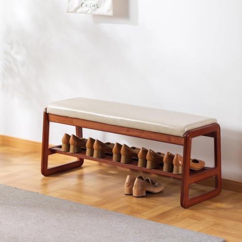 SOBIBO Solid Wood Shoe Bench, 2-Tier Wooden Entryway Bench, Modern Shoe Rack with Faux Leather Cushion for Hallway, Living Room (Gray, 39.4'') - color: Beige, size: 39.4 inches
