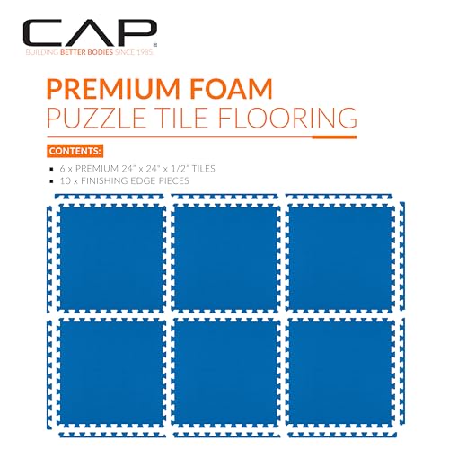 CAP Puzzle Exercise Mats | 1/2” Thick EVA Interlocking Foam Tiles for Home Gym Flooring | Multiple Options - color: T - Blue, style: 6 Tiles (24 SQ FT)