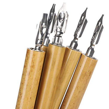 AYNEFY Comic Dip Pen Set, 5Pcs Wooden Handle Calligraphy Dip Pen Set with 5 Nibs Artist Cartoon Pen Set Cartoon Painting Tool Manga Dip Pen Signature Pen (1-5 nib set) - size: 1-5 nib set