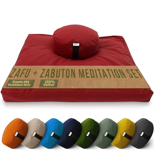 Bean Products Meditation Cushion Mat Set - Zafu Floor Pillow Organic Buckwheat Pillow + Cotton Filled Zabuton Prayer Pad - Meditation Pillow Yoga Knee Pad - Made in USA - 14" Round or 18" Oval - color: Red - 10oz Cotton Canvas, size: Round Combo