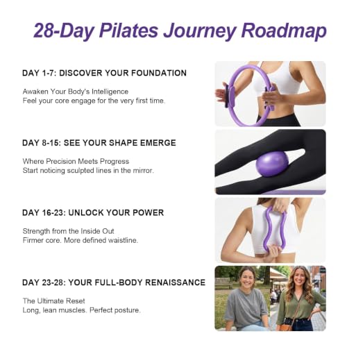 Home Pilates Ring and Ball Set for Women with 5 Resistance Bands 13 inch Magic Circle Workout Starter Kit for Beginners Full Body Toning 15 Min Daily Routine - color: Purple Mix