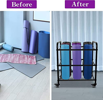 MM MELISEN Black Yoga Mat Storage Rack, Home Gym Studio Organizer Cart for Foam Roller, Yoga Strap and Resistance Bands, Movable Black Sports Equipment Storage Rack with Wheels