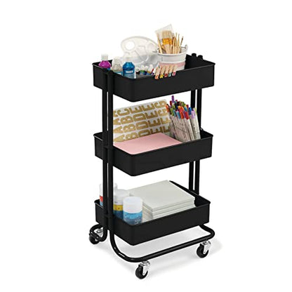 Simply Tidy Lexington Black 3-Tier Metal Rolling Cart - Multi-Functional Storage Cart for Home, Office, and Kitchen - 1 Pack