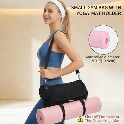 Small Gym Bag for Women Men, 15L Sports Workout Bag with Wet Pocket and Yoga Mat Holder, Lightweight & Water-Resistant Mini Travel Duffle Bag (Black) - color: Black