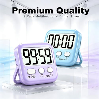 Antonki 2 Pack Digital Timer for Kids Classroom Kitchen Timers for Cooking | w/ Battery, Easy to View, Alarm, Mute Mode, Count Down/Up, Magnetic, Kickstand, Hanging, Classroom Timer for Teacher Supplies - color: 2 * Sky Blue + Lavender Purple