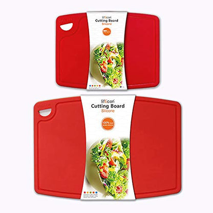 Liflicon Thick Cutting Boards for Kitchen Silicone Chopping Board Set of 2 Mid 12.6'' x 9.1”,Mini 9.1”x7.1” Non-slip Deep Drip Juice Groove Easy Grip Handle,Dishwasher Safe-Red - color: Red, size: S+M