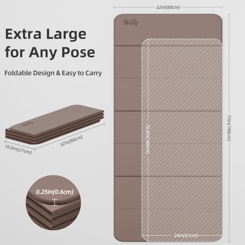Foldable Yoga Excercise Mat 71"L x 24"W, Odourless Light Weight POE Mat For Home Fitness and Gym Workouts, 1/4 inch Non-slip design for All Types of Yoga Pilates - color: Brown, size: 75"Lx32"W