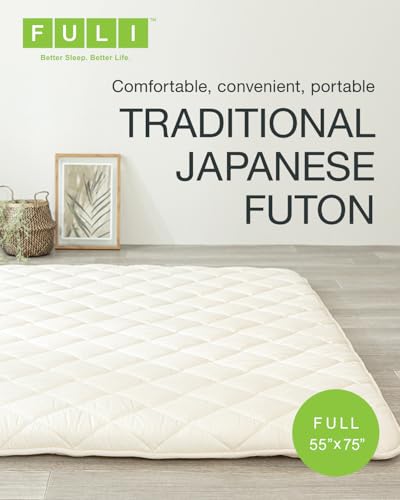 FULI Japanese Futon, Full Size, White - Foldable Shikibuton Floor Bed | Medium Firm Quilted Cotton Sleeping Pad, Portable Roll-Up Japanese Floor Bed for Guests & Small Spaces, 100% cotton surface - size: Full (75"L x 55"W), style: Standard