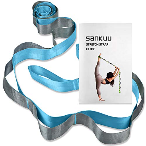 SANKUU Yoga Straps Stretching Strap with 12 Loops Workout Poster, Straps for Stretching Physical Therapy Equipment Long Stretch Out Bands for Exercise, Pilates and Gymnastics for Women Men - color: Blue+Grey