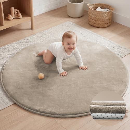 Baby Play Mat for Floor,1.3" Thick Elasti-Foam 47in Round Mat for Tummy Time,Water Repellent Soft Coral Velvet for Toddler,Infant,Kids,Non-Slip Backing Safe for Crawling(Beige) - color: Beige, size: Round - 47"