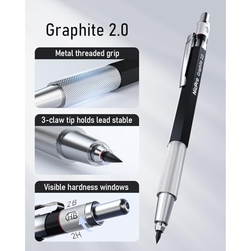 Nicpro 2mm Metal Mechanical Pencil Set with Case, 1PCS | Lead Pencil Holder 2.0 mm + 60PCS Lead Refills (4H 2H HB 2B 4B Color), 2mm Pencils for Drafting Writing Drawing Sketching - size: 1 Count (Pack of 1)