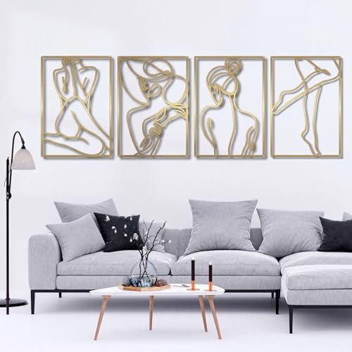 Glamativity 4 Pack Minimalist Wall Art, Real Metal Abstract Wall Art (Woman's Body Shape, Gold Elegant Style, M Size 17 x 11.8'') - color: Gold Elegant Style, size: M Size 17 x 11.8''