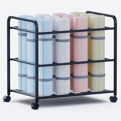 Lutown-Teen Yoga Mat Storage Rack with Wheels and Rounded Corners, Black | Large-Capacity Home Gym Storage Yoga Mat Rack for Fitness Class, Home, Gym, Workout Room, Easy Assembly