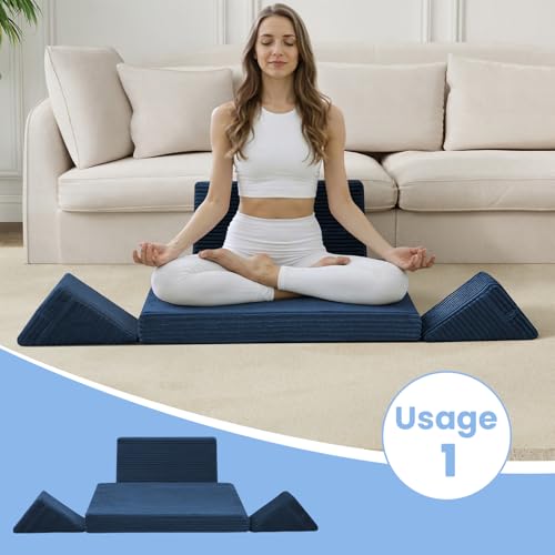Meditation Cushion, Meditation Mat with Knee Support, Navy Blue | Large Washable Meditation Pillow for Sitting on Floor, Yoga Pillow with 2 Knee Cushions for Comfortable Sitting, 24x24x4in - color: Navy Blue, size: 24X24X4 Inch