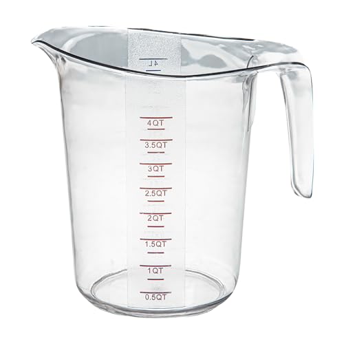 Restaurantware-Chef 101 4 Quart Measuring Jar, 1 Durable Measuring Beaker - Metric And Imperial Units, V-Shaped Spout, Clear Plastic Cup, Handle With Thumb-Grip, Tolerates Up To 248F - size: 9.50" × 7.25" × 9.50"