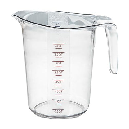 Restaurantware-Chef 101 4 Quart Measuring Jar, 1 Durable Measuring Beaker - Metric And Imperial Units, V-Shaped Spout, Clear Plastic Cup, Handle With Thumb-Grip, Tolerates Up To 248F - size: 9.50" × 7.25" × 9.50"