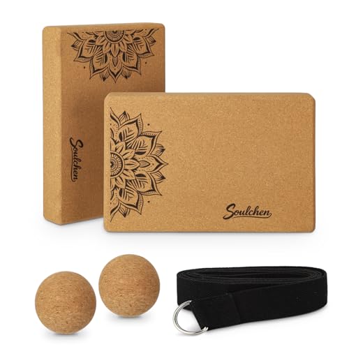 Soulchen 5 Pack Yoga Accessories for Women Set Yoga Block 2 Pack with Strap Massage Ball for Meditation Pilates Cork Blocks Stretching Home Gym Natural High-Density, 12"x8"x2"