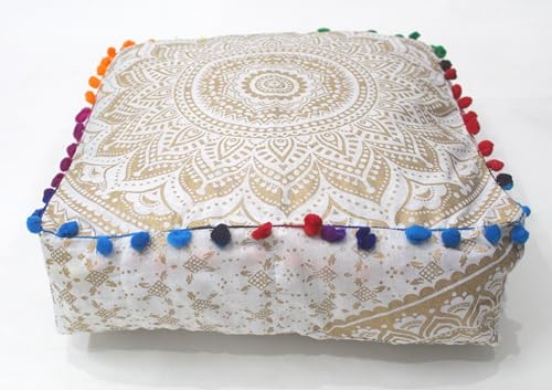 INDIAN CRAFT CASTLE Mandala Mandala Barmeri Large Floor Pillow Cover Cushion Meditation Seating Ottoman Throw Cover Hippie Decorative Zipped Bohemian Pouf Ottoman Cases White Gold Ombre 16" Square