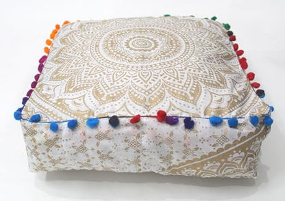 INDIAN CRAFT CASTLE Mandala Mandala Barmeri Large Floor Pillow Cover Cushion Meditation Seating Ottoman Throw Cover Hippie Decorative Zipped Bohemian Pouf Ottoman Cases White Gold Ombre 16" Square