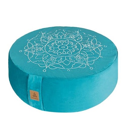 Embroidered Meditation Pillow D=16" H=5.5" Round Velvet Meditation Cushion Yoga Bolster Floor Pouf Zafu Natural Buckwheat hulls Sitting on Floor Removable Organic Cotton Cover Large Kneeling Pillow - color: Cyan Blue