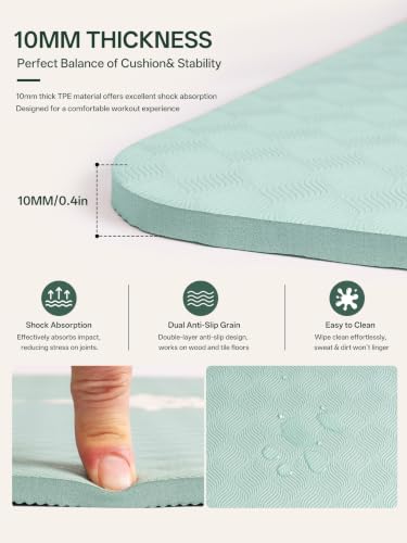 EaseUp Yoga Mat 73"x28"x0.4",10mm thick,Non Slip for Workout, Pilates - color: Green