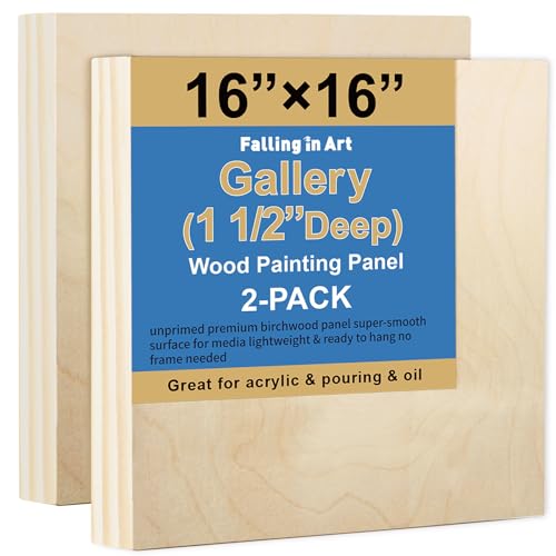 2 Pack 16x16'' Unfinished Gallery Birch Wood Canvas Panels | 1 1/2’’ Deep Cradle Boards for Painting, Acrylic Pouring, Art, Burning, Crafts, Epoxy Resin, Laser Engraving Cutting - size: 16*16 2 Pack