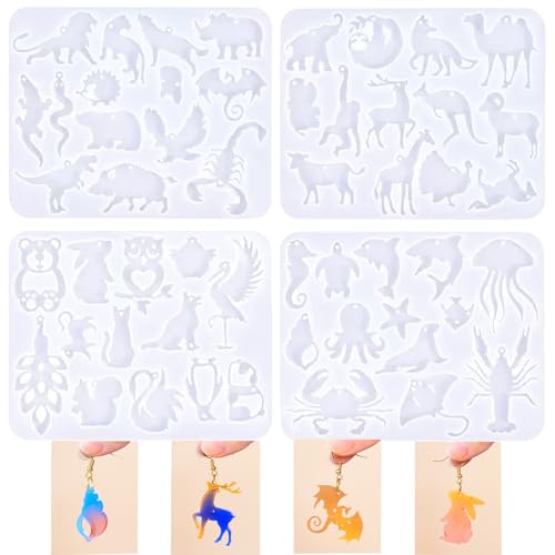 4 Piece Resin Earring Molds，53 Animal Shapes UV Resin Molds with Holes for Keychain Making Cats Dogs Bears Silicone Molds for Earring Necklace Pendant Jewelry Craft Supplies DIY Art Gift - color: Animal