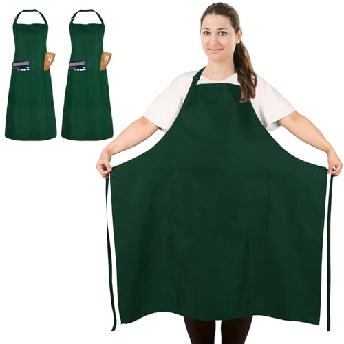2 Pack Plus Size Waterproof Cooking Chef Apron with 2 Pockets for Men Women | Extra Large Design, Adjustable Neck Straps, Long Waist Ties, Professional Bib Aprons for Kitchen, Grilling, Gardening, Baking - color: Green