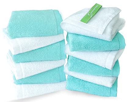 Washcloths 12 Pack 33 x 33 cm - Soft Face Cloths for Your Facial Towel, Wash Cloths for Your Body (White + Teal) - color: White+teal