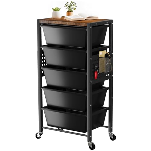 Rolling Cart with 5 Drawers, Plastic Drawer Storage Carts with Wheels & Wooden Tabletop, Metal Utility Cart with Pegboards, Office Living Room Classroom Craft Organization and Storage, Dark Black - color: Dark Black, size: 5-drawer