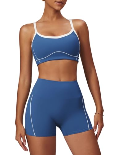 QBGJTD Two Piece Women Workout Sets Color Block Sports Bra and Scrunch Butt Lifting Shorts Gym Yoga Outfits - color: Blue, size: Small