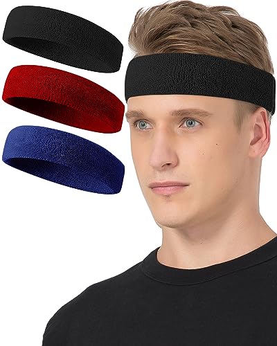 Tanluhu Sweatbands Sport Headbands for Working Out, Exercise, Tennis, Basketball, Running - Terry Cloth Athletic Sweat Cotton Headband Outdoor for Men & Women - color: Black/Red/DP Blue