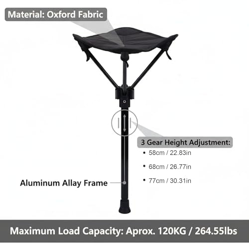 Rosvola Portable Folding Stool, One Leg Adjustable Stool, Retractable Hiking Chair, 3 Gear Height Adjustable, Camping Folding Stool for Camping Outdoor Barbecue Fishing