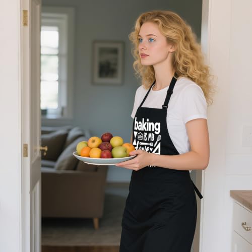 Funny Apron for Women with 2 Pockets, Adjustable Kitchen Apron for Cooking Baking Gifts for Mom Wife Birthday - color: Black-baking is My Love Language