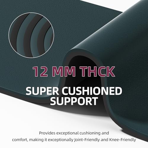 Extra Thick 12mm TPE Exercise Yoga Mat with Strap, 72"L x 24.8"W Non-slip Workout Mat for gymnastics, Pilates, Home, Workout, Gym Floor Fitness - color: Dark green + Black