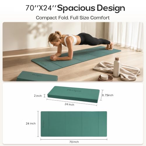 Foldable Yoga Mat, 70''x24''x0.24''(6mm）Non-slip POE Exercise Mat - color: Dark Green
