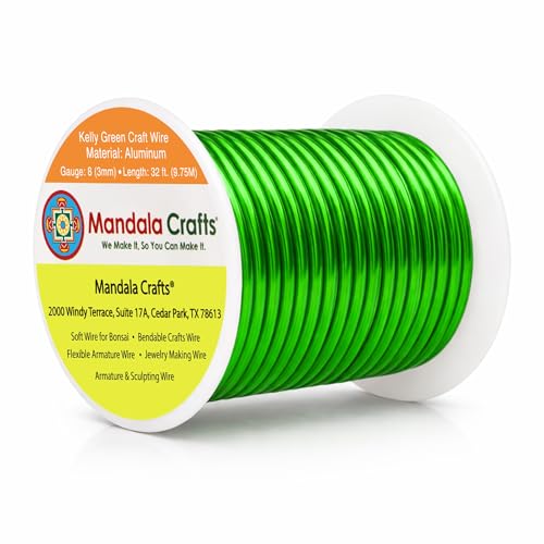 Mandala Crafts 8 Gauge Kelly Green Anodized Aluminum Craft Wire, 32 FT | Colored, Flexible, Bendable, for Bonsai, Armature, Sculpting, Wire Wrapping, Jewelry Making, Weather & Tarnish Resistant - color: Kelly Green, size: 8 Gauge