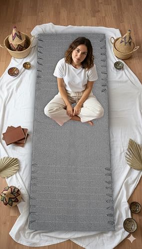 Indian Handmade 100% Organic Cotton Yoga Mat, Hand Woven Rug, Yoga Mat For Everyday Fitness at Home Comfortable Foldable Long Mat - color: Light Gray