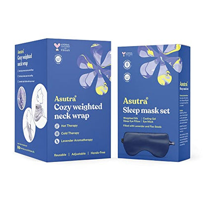 ASUTRA Navy Silk Eye Pillow and Plush Gray Weighted Neck Wrap Bundle Set, 2 | Products - Weighted Eye Mask Filled w/Lavender & Flax Seeds, Hands-Free Microwaveable Heat Pad and Cooling Neck Wrap - color: Navy Eye Pillow and Neck Wrap Bundle