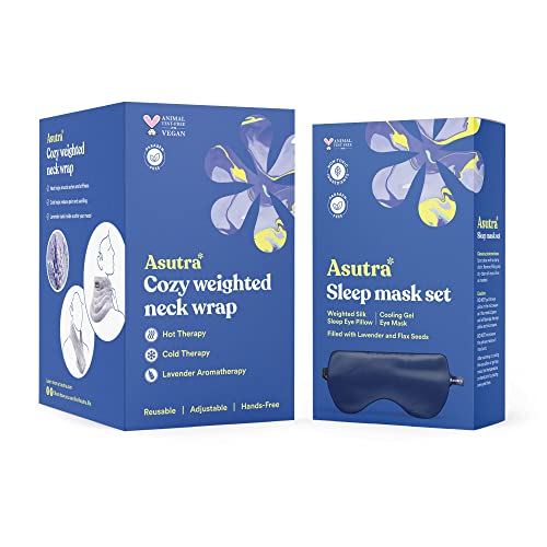 ASUTRA Navy Silk Eye Pillow and Plush Gray Weighted Neck Wrap Bundle Set, 2 | Products - Weighted Eye Mask Filled w/Lavender & Flax Seeds, Hands-Free Microwaveable Heat Pad and Cooling Neck Wrap - color: Navy Eye Pillow and Neck Wrap Bundle