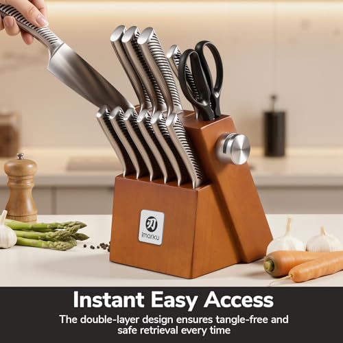 imarku 14-Piece Japanese Gyutou Stainless Steel Kitchen Knife Set | 15° Precision Edge | 56±2 HRC Hardness | Full-Tang Build for Perfect Balance | Built-in Sharpener | Gift for Home Chef - color: Light Brown