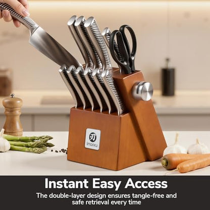 imarku 14-Piece Japanese Gyutou Stainless Steel Kitchen Knife Set | 15° Precision Edge | 56±2 HRC Hardness | Full-Tang Build for Perfect Balance | Built-in Sharpener | Gift for Home Chef - color: Light Brown