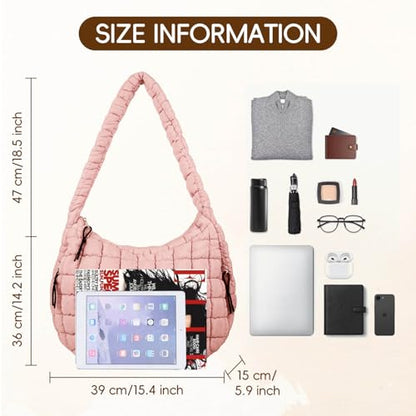 Puffer Tote Bag for Women, Large Quilted Puffer Bag with Pouch, Puffy Quilted Hobo Bag, Puff Crossbody Purse - color: 1-pink