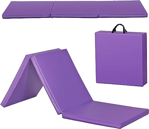6' x 2' Tri-Fold Portable Folding Exercise Gym Mat Extra Thick Foam Gymnastics Mat Aerobics Yoga Martial Arts MMA Stretching Core Workouts w/Carrying Handle - color: Purple